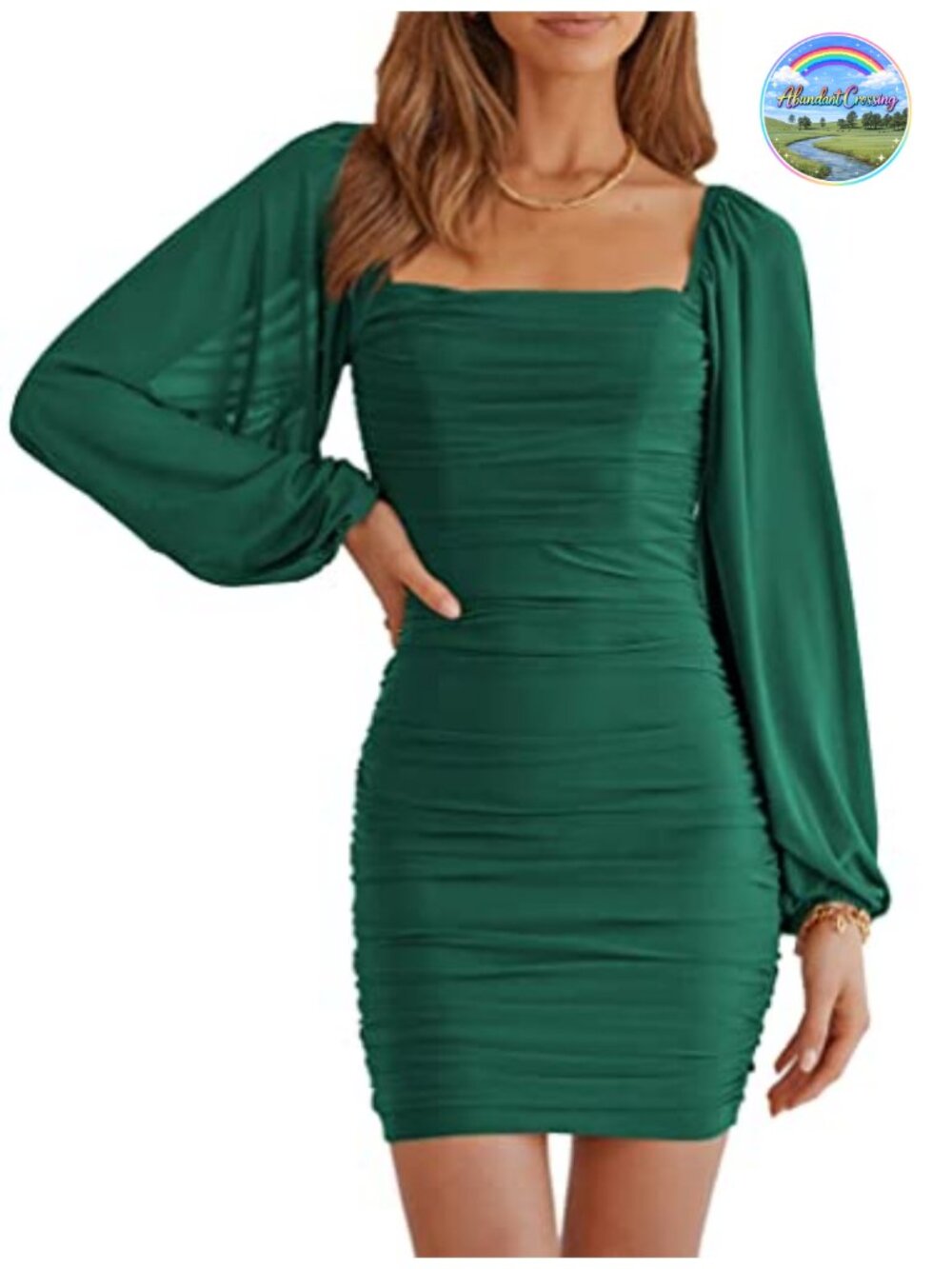 Womens Square Neck Mesh Long Sleeve Bodycon Mini Dress Ruched Party Club